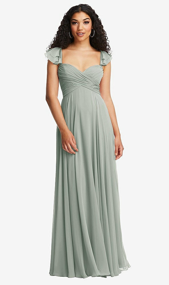Back View - Willow Green Shirred Cross Bodice Lace Up Open-Back Maxi Dress with Flutter Sleeves