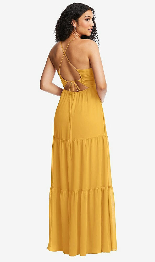 Back View - NYC Yellow Drawstring Bodice Gathered Tie Open-Back Maxi Dress with Tiered Skirt