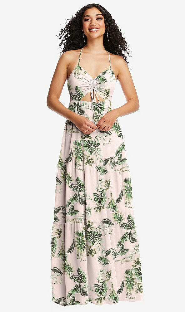 Front View - Palm Beach Print Drawstring Bodice Gathered Tie Open-Back Maxi Dress with Tiered Skirt