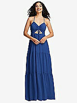 Front View Thumbnail - Classic Blue Drawstring Bodice Gathered Tie Open-Back Maxi Dress with Tiered Skirt