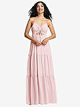 Front View Thumbnail - Ballet Pink Drawstring Bodice Gathered Tie Open-Back Maxi Dress with Tiered Skirt