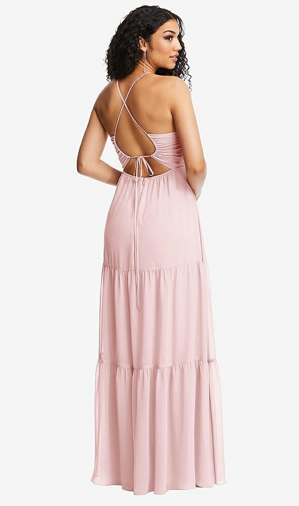 Back View - Ballet Pink Drawstring Bodice Gathered Tie Open-Back Maxi Dress with Tiered Skirt