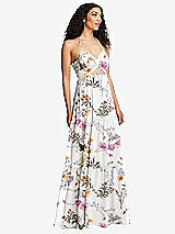 Alt View 1 Thumbnail - Butterfly Botanica Ivory Drawstring Bodice Gathered Tie Open-Back Maxi Dress with Tiered Skirt