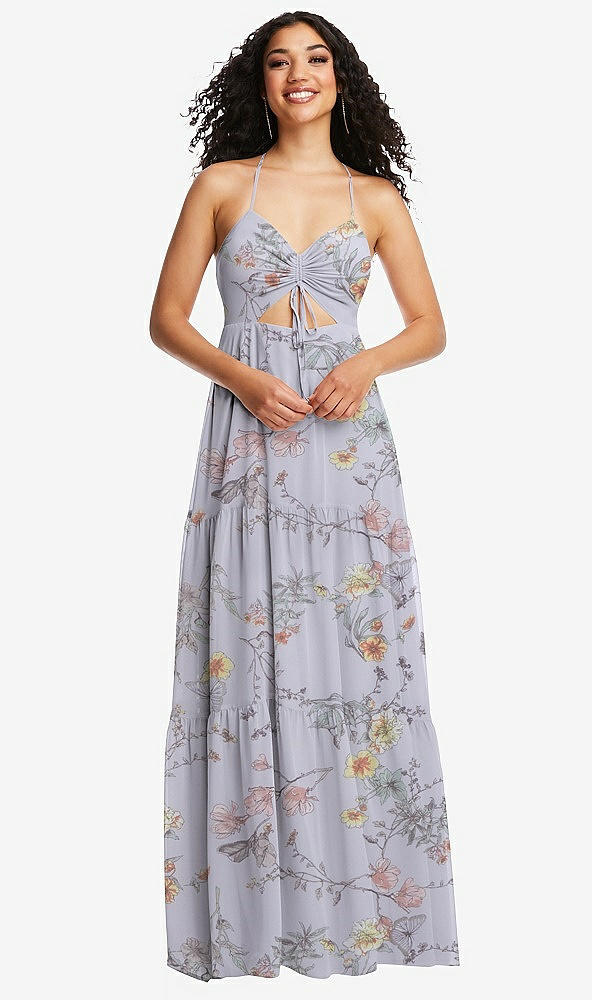 Front View - Butterfly Botanica Silver Dove Drawstring Bodice Gathered Tie Open-Back Maxi Dress with Tiered Skirt