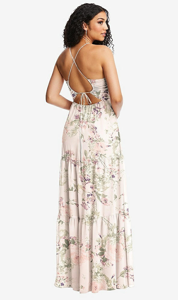Back View - Blush Garden Drawstring Bodice Gathered Tie Open-Back Maxi Dress with Tiered Skirt