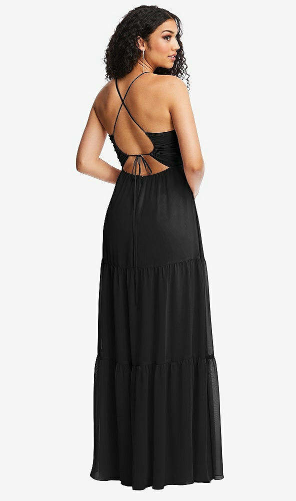 Back View - Black Drawstring Bodice Gathered Tie Open-Back Maxi Dress with Tiered Skirt
