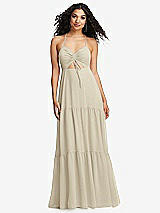 Alt View 2 Thumbnail - Champagne Drawstring Bodice Gathered Tie Open-Back Maxi Dress with Tiered Skirt