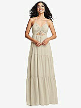 Front View Thumbnail - Champagne Drawstring Bodice Gathered Tie Open-Back Maxi Dress with Tiered Skirt