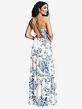 Rear View Thumbnail - Cottage Rose Dusk Blue Drawstring Bodice Gathered Tie Open-Back Maxi Dress with Tiered Skirt