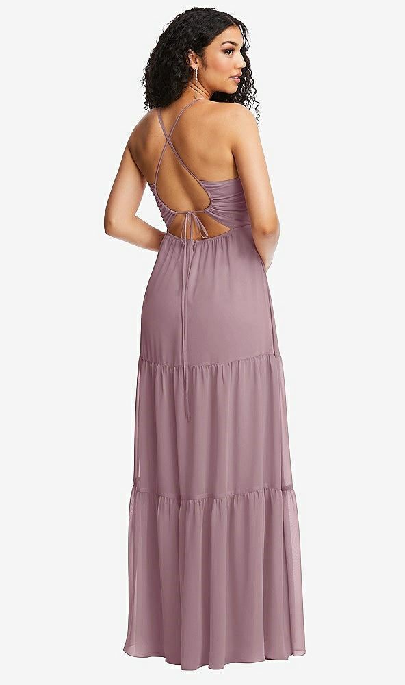 Back View - Dusty Rose Drawstring Bodice Gathered Tie Open-Back Maxi Dress with Tiered Skirt