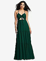 Alt View 2 Thumbnail - Hunter Green Drawstring Bodice Gathered Tie Open-Back Maxi Dress with Tiered Skirt