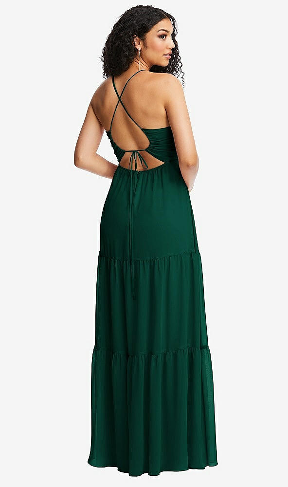 Back View - Hunter Green Drawstring Bodice Gathered Tie Open-Back Maxi Dress with Tiered Skirt