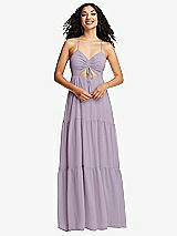 Front View Thumbnail - Lilac Haze Drawstring Bodice Gathered Tie Open-Back Maxi Dress with Tiered Skirt