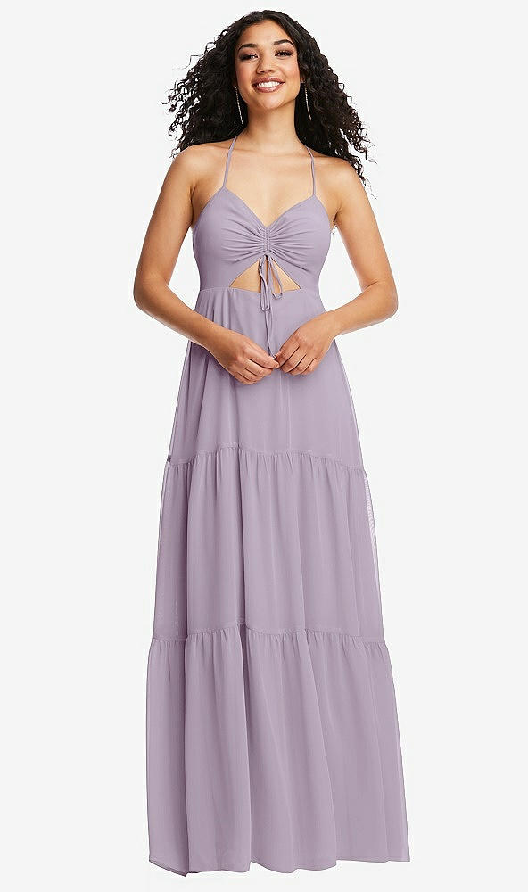 Front View - Lilac Haze Drawstring Bodice Gathered Tie Open-Back Maxi Dress with Tiered Skirt