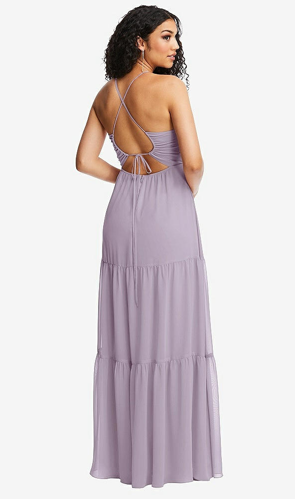Back View - Lilac Haze Drawstring Bodice Gathered Tie Open-Back Maxi Dress with Tiered Skirt
