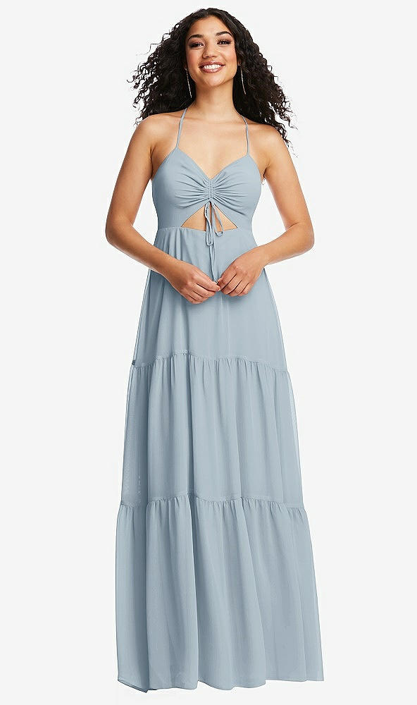 Front View - Mist Drawstring Bodice Gathered Tie Open-Back Maxi Dress with Tiered Skirt