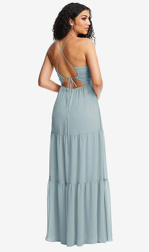 Back View - Morning Sky Drawstring Bodice Gathered Tie Open-Back Maxi Dress with Tiered Skirt