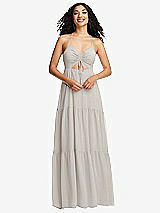 Front View Thumbnail - Oyster Drawstring Bodice Gathered Tie Open-Back Maxi Dress with Tiered Skirt