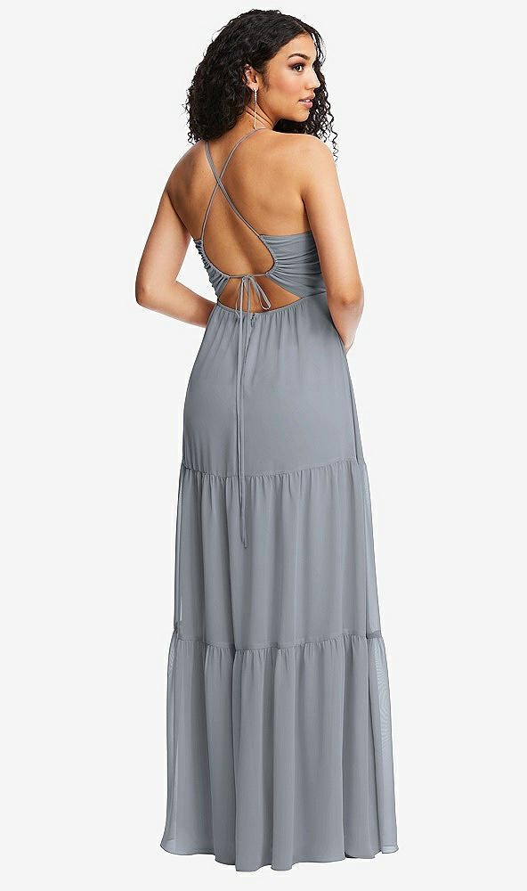 Back View - Platinum Drawstring Bodice Gathered Tie Open-Back Maxi Dress with Tiered Skirt
