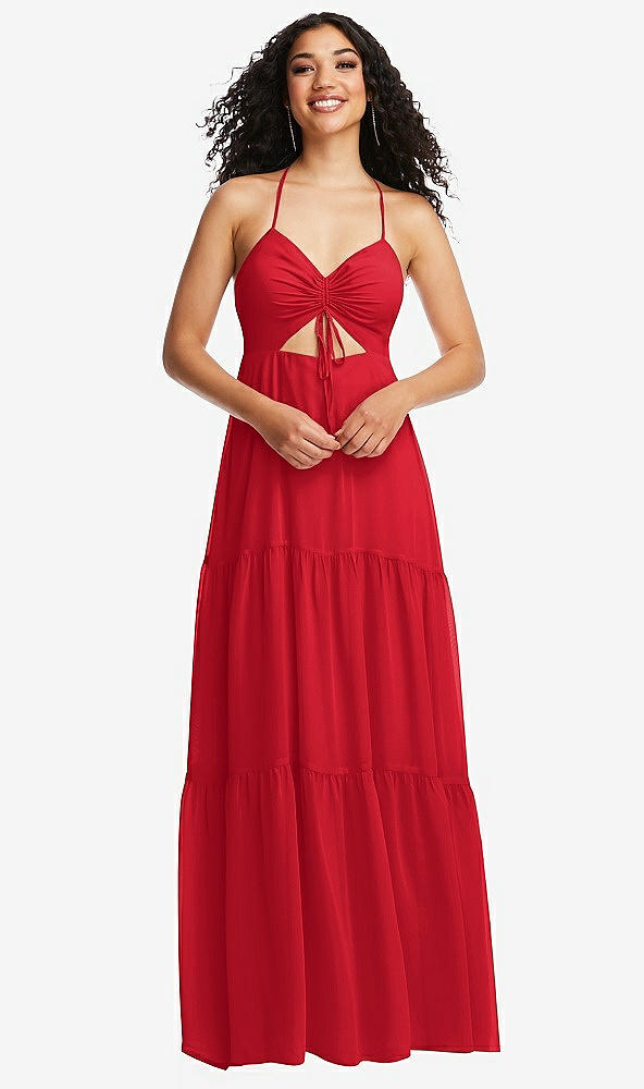 Front View - Parisian Red Drawstring Bodice Gathered Tie Open-Back Maxi Dress with Tiered Skirt