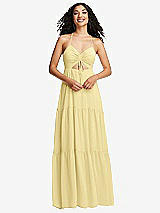 Front View Thumbnail - Pale Yellow Drawstring Bodice Gathered Tie Open-Back Maxi Dress with Tiered Skirt