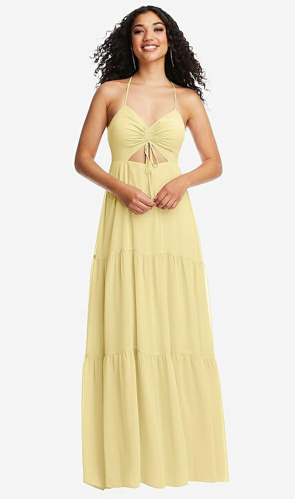 Front View - Pale Yellow Drawstring Bodice Gathered Tie Open-Back Maxi Dress with Tiered Skirt