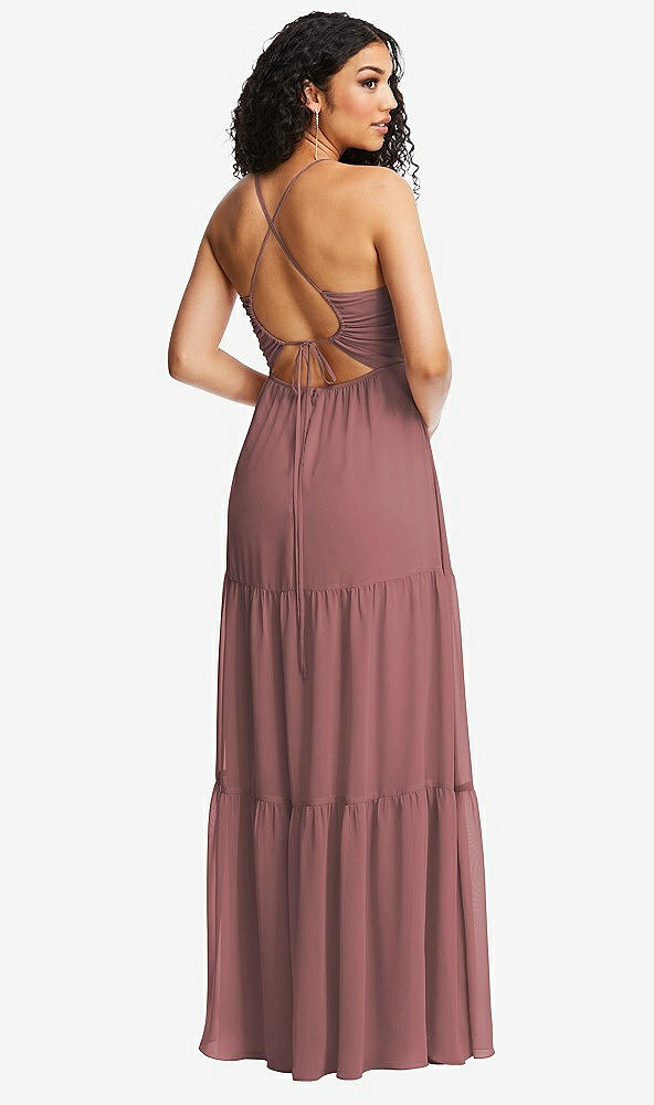 Back View - Rosewood Drawstring Bodice Gathered Tie Open-Back Maxi Dress with Tiered Skirt