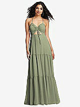 Alt View 2 Thumbnail - Sage Drawstring Bodice Gathered Tie Open-Back Maxi Dress with Tiered Skirt