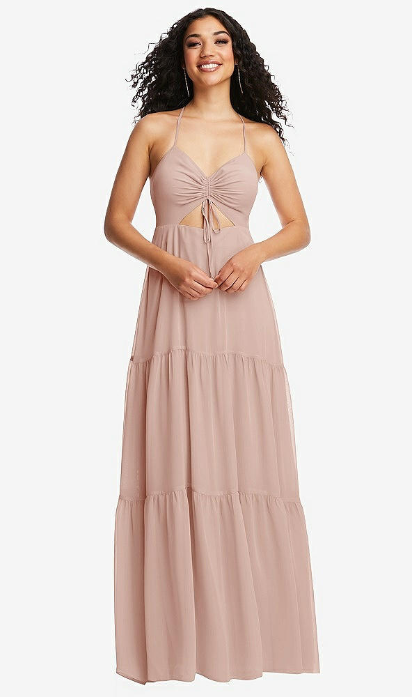 Front View - Toasted Sugar Drawstring Bodice Gathered Tie Open-Back Maxi Dress with Tiered Skirt