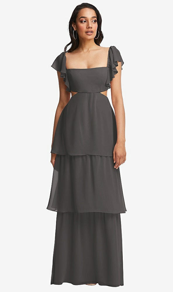 Front View - Caviar Gray Flutter Sleeve Cutout Tie-Back Maxi Dress with Tiered Ruffle Skirt