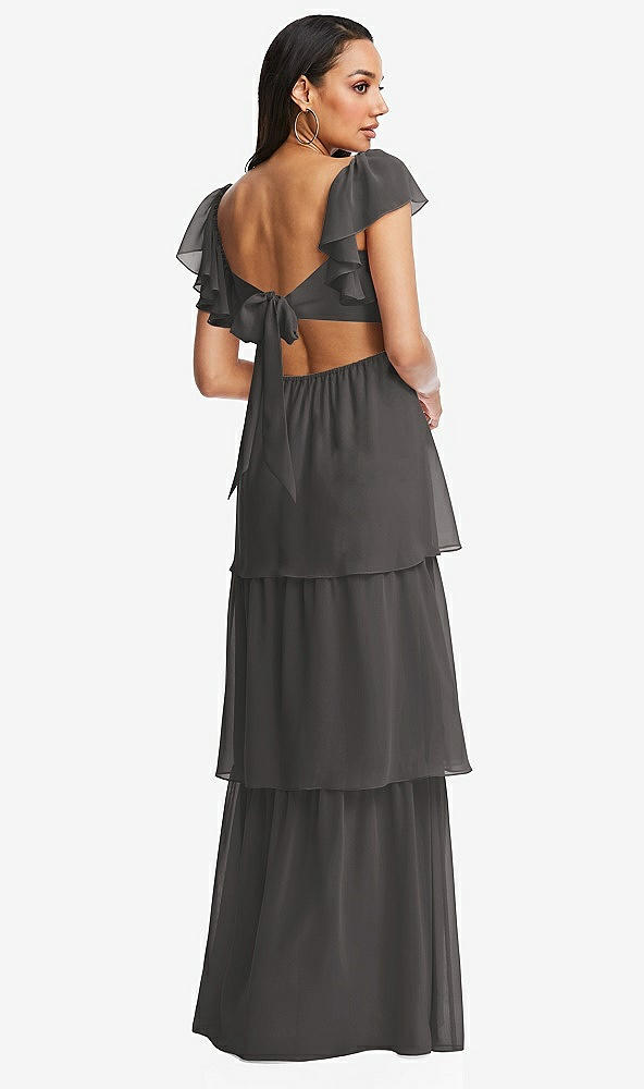Back View - Caviar Gray Flutter Sleeve Cutout Tie-Back Maxi Dress with Tiered Ruffle Skirt