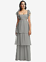 Front View Thumbnail - Chelsea Gray Flutter Sleeve Cutout Tie-Back Maxi Dress with Tiered Ruffle Skirt