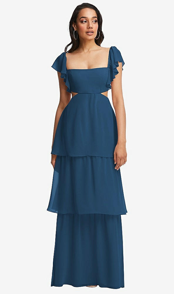 Front View - Dusk Blue Flutter Sleeve Cutout Tie-Back Maxi Dress with Tiered Ruffle Skirt