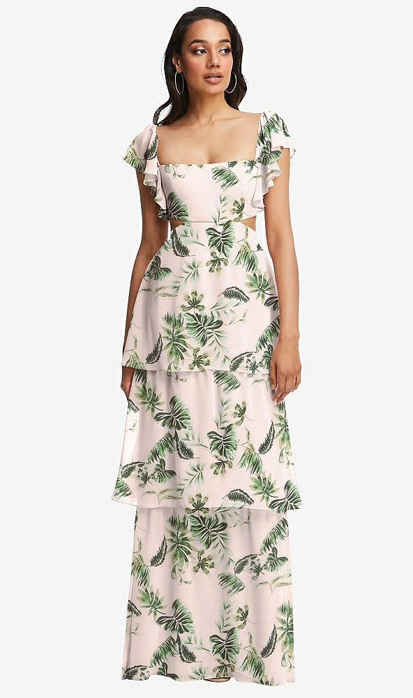 Front View - Palm Beach Print Flutter Sleeve Cutout Tie-Back Maxi Dress with Tiered Ruffle Skirt