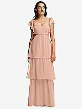 Front View Thumbnail - Pale Peach Flutter Sleeve Cutout Tie-Back Maxi Dress with Tiered Ruffle Skirt