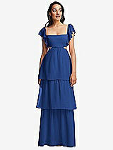 Front View Thumbnail - Classic Blue Flutter Sleeve Cutout Tie-Back Maxi Dress with Tiered Ruffle Skirt