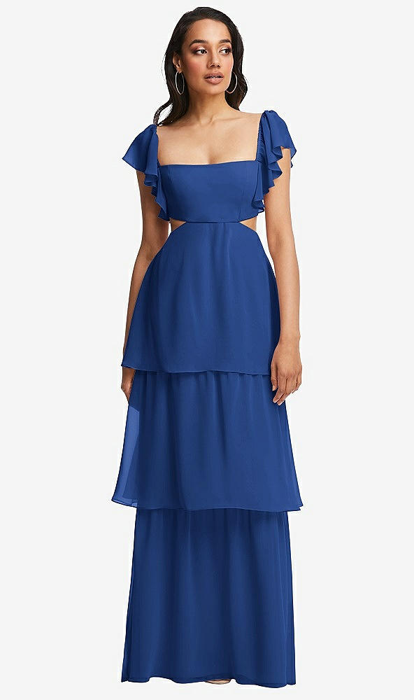 Front View - Classic Blue Flutter Sleeve Cutout Tie-Back Maxi Dress with Tiered Ruffle Skirt