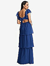 Rear View Thumbnail - Classic Blue Flutter Sleeve Cutout Tie-Back Maxi Dress with Tiered Ruffle Skirt