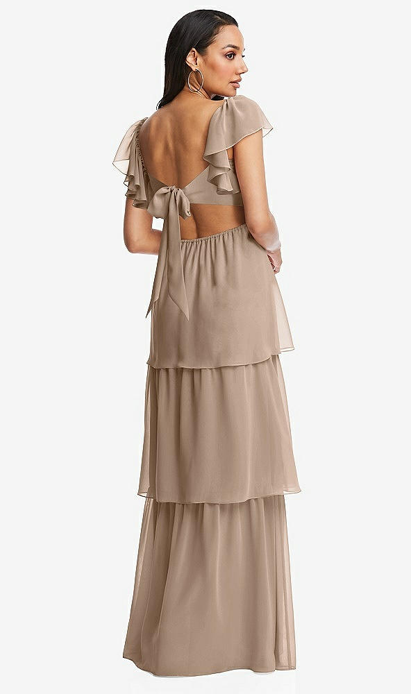 Back View - Topaz Flutter Sleeve Cutout Tie-Back Maxi Dress with Tiered Ruffle Skirt