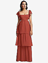 Front View Thumbnail - Amber Sunset Flutter Sleeve Cutout Tie-Back Maxi Dress with Tiered Ruffle Skirt