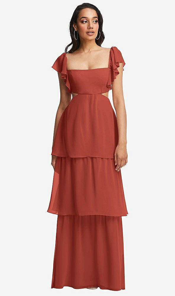 Front View - Amber Sunset Flutter Sleeve Cutout Tie-Back Maxi Dress with Tiered Ruffle Skirt