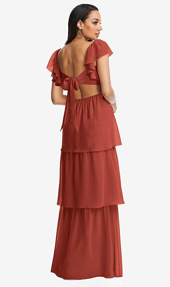 Back View - Amber Sunset Flutter Sleeve Cutout Tie-Back Maxi Dress with Tiered Ruffle Skirt