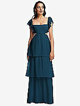 Front View Thumbnail - Atlantic Blue Flutter Sleeve Cutout Tie-Back Maxi Dress with Tiered Ruffle Skirt