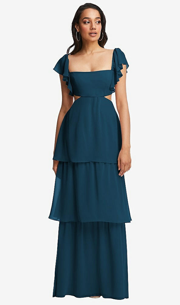 Front View - Atlantic Blue Flutter Sleeve Cutout Tie-Back Maxi Dress with Tiered Ruffle Skirt