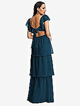 Rear View Thumbnail - Atlantic Blue Flutter Sleeve Cutout Tie-Back Maxi Dress with Tiered Ruffle Skirt