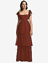Front View Thumbnail - Auburn Moon Flutter Sleeve Cutout Tie-Back Maxi Dress with Tiered Ruffle Skirt