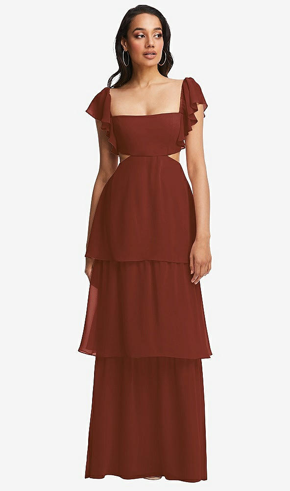 Front View - Auburn Moon Flutter Sleeve Cutout Tie-Back Maxi Dress with Tiered Ruffle Skirt