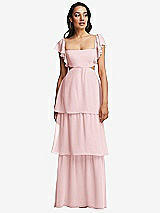 Front View Thumbnail - Ballet Pink Flutter Sleeve Cutout Tie-Back Maxi Dress with Tiered Ruffle Skirt