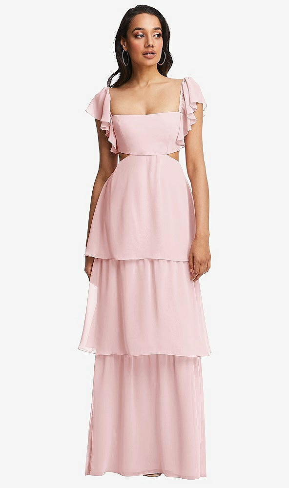 Front View - Ballet Pink Flutter Sleeve Cutout Tie-Back Maxi Dress with Tiered Ruffle Skirt