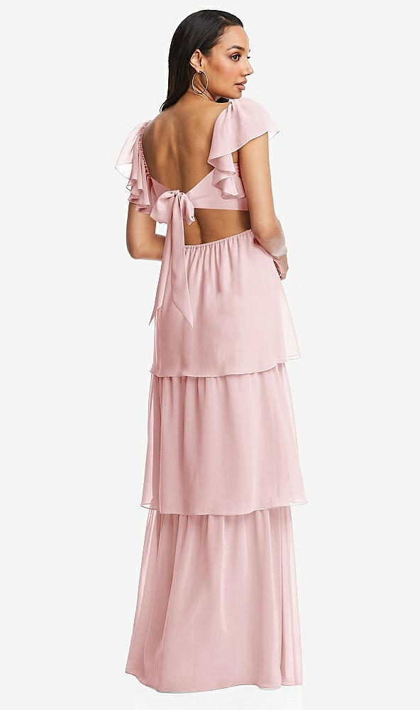 Back View - Ballet Pink Flutter Sleeve Cutout Tie-Back Maxi Dress with Tiered Ruffle Skirt